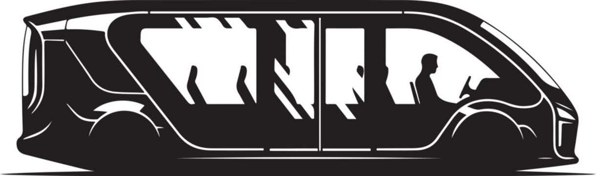 Black minivan silhouette, side view, people inside, vehicle icon, transportation illustration