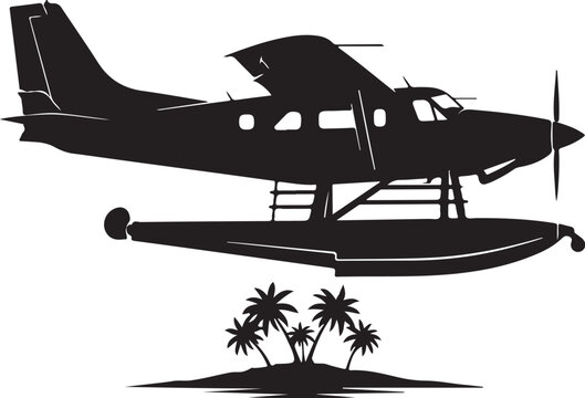 Seaplane, Tropical Island, Black Silhouette, Vector Illustration, Travel Icon