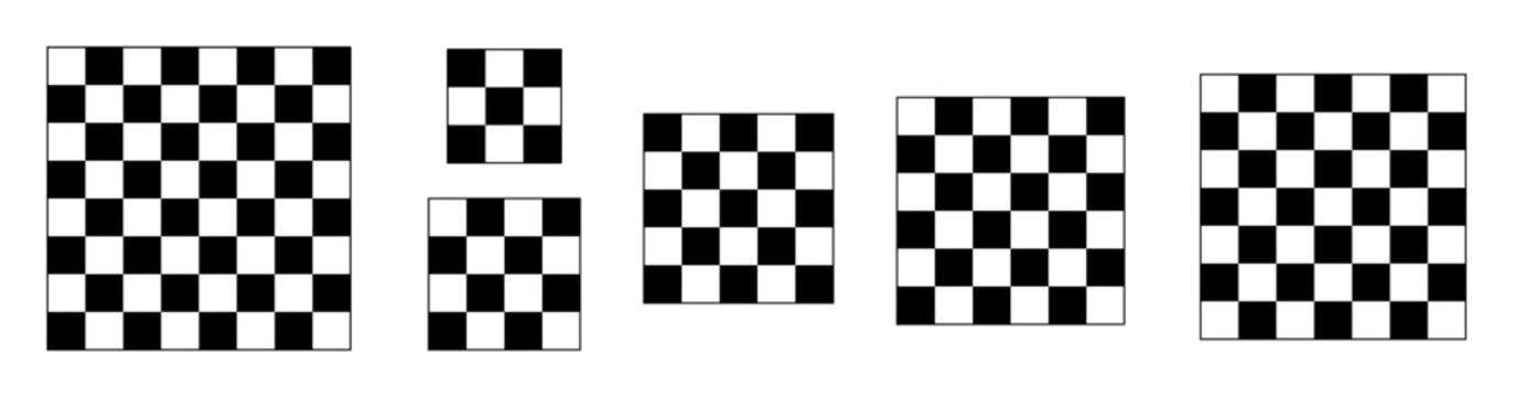 Black and white chessboard pattern blanks for chess combinations. Quadrilateral templates with checkered texture 3x3, 4x4, 5x5, 6x6, 7x7, 8x8. Vector illustration
