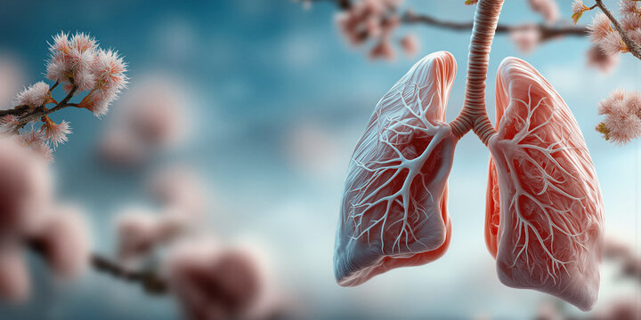 Poetic portrayal of respiratory health surrounded by blooming branches and pastel colors