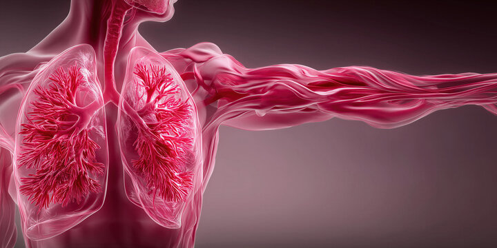 Scientific artwork showing bronchial tree with detailed alveoli clusters in vibrant pink
