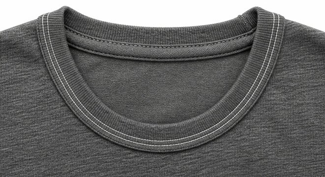 Close-up of a dark grey crew neck t-shirt collar with double white stitching detail