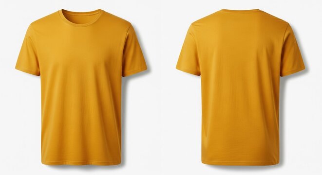 Front and back view of a plain golden yellow short-sleeved t-shirt isolated on a clean white background