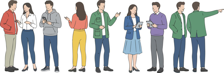 Fototapeta premium Minimal flat illustration of diverse casual people standing in line modern characters in different poses isolated on white background