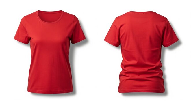 Front and back view of a plain red t-shirt studio isolated on a white background