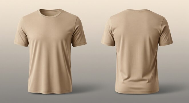 Front and back view of a plain tan short-sleeved t-shirt displayed with a clean neutral gradient background