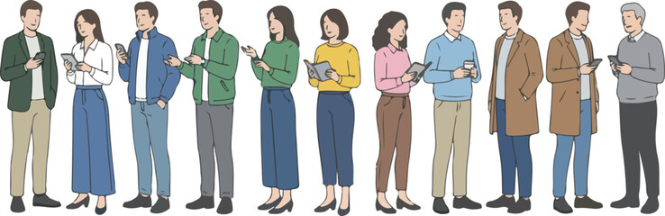 Fototapeta premium Minimal flat illustration of people standing in line using phones and holding items modern casual characters isolated on white background