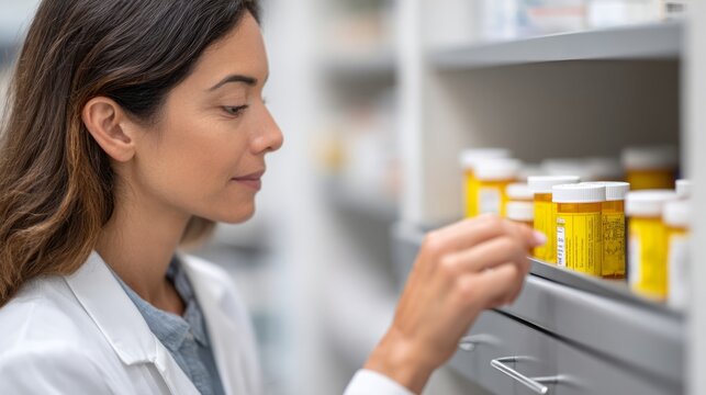 Pharmacist in white coat carefully selecting medication bottles from a shelf