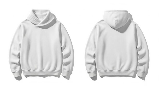 Front and back view of a white plain hoodie with a shawl collar isolated on white