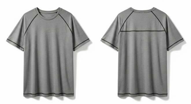 Gray short-sleeved t-shirt front and back views athletic raglan shirt with dark gray trim clean isolated studio shot