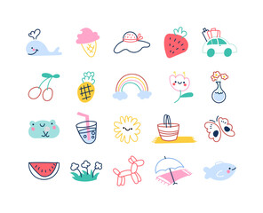 Naklejka premium Summer lifestyle icon set featuring whale ice cream hat strawberry car cherry pineapple rainbow flower vase frog butterfly sun