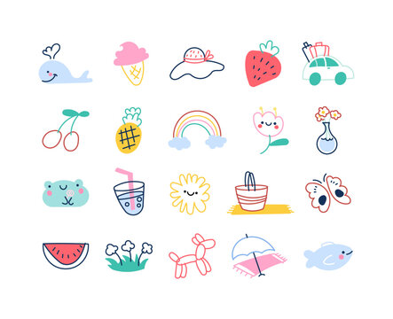 Summer lifestyle icon set featuring whale ice cream hat strawberry car cherry pineapple rainbow flower vase frog butterfly sun