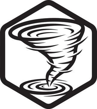 Tornado icon, black and white vector, weather symbol, storm illustration, hexagonal frame