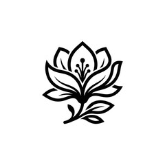 Fototapeta premium Minimal black lotus flower logo with decorative leaves.