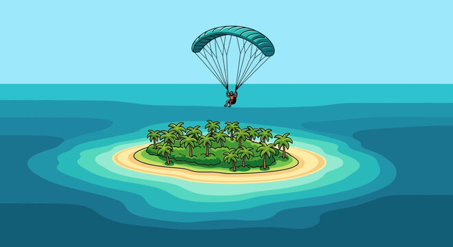 Parachuter Descends Towards a Tropical Island Paradise