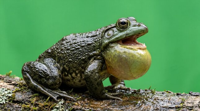 A Bullfrog Calling Out with an Inflated Throat Sac on a Log.