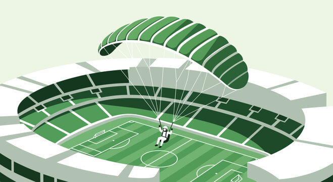 Parachuter Descends Onto Soccer Stadium Green Field With Stadium Seating And Sky Background