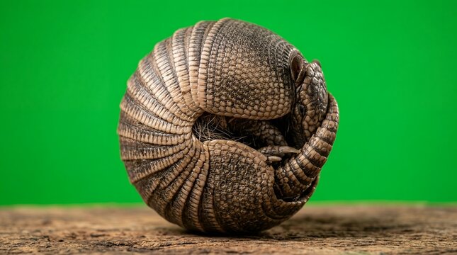A cute armadillo curled into a protective ball on a wooden surface.