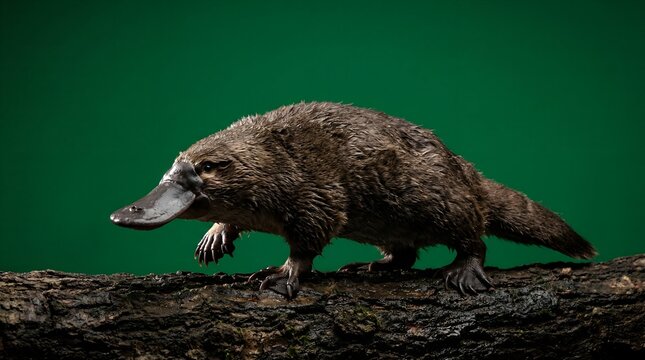 A detailed shot of a platypus walking along a textured wooden log.