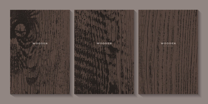Set of grunge wood textures. Dark wood grain. Natural wood structure. Eco concept background. Business card with tree pattern. Stamp of tree trunk in section. Templates with wooden concentric circles
