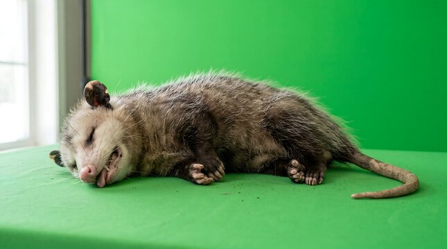 A North American opossum playing dead on a green screen background.