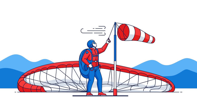 Paraglider Prepares For Flight Checking Wind Sock And Parachute Ready