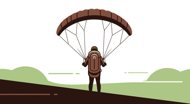 Paraglider Prepares For Flight With Open Canopy And Backpack