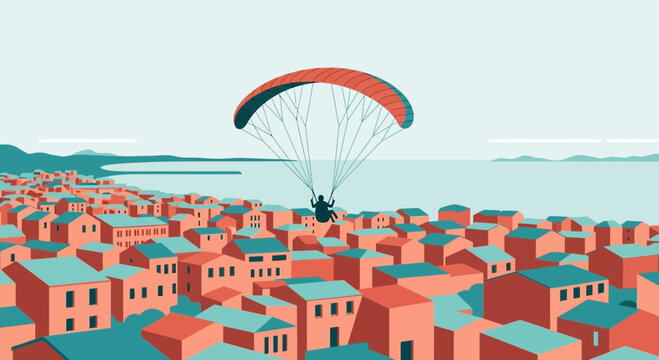 Paraglider Soaring Above Coastal Townscape