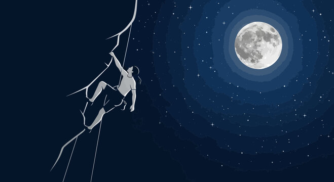 Nighttime Ascent Under Full Moon Sky