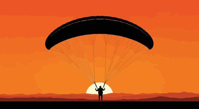 Paraglider Soaring High Above Scenic Sunset Landscape