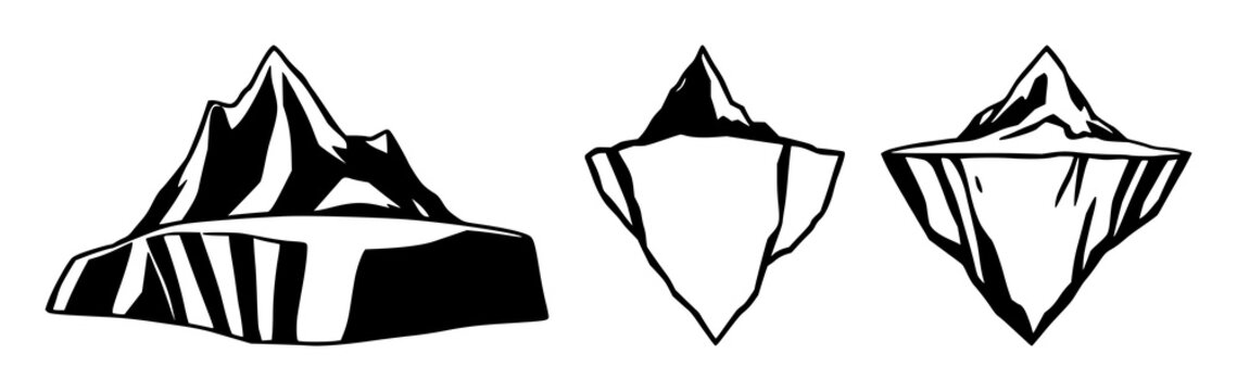 Melting iceberg set with solid black icon on white background featuring global warming, climate change, ice melt, with iconography and environmental awareness