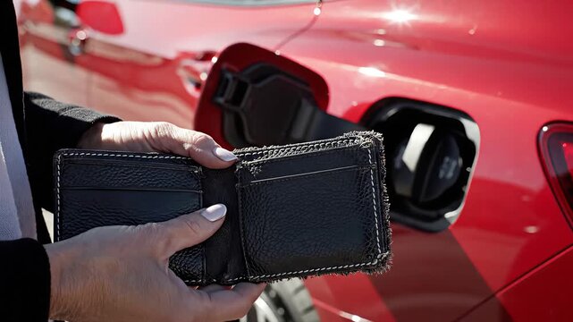 Empty wallet held by a person next to a red car.