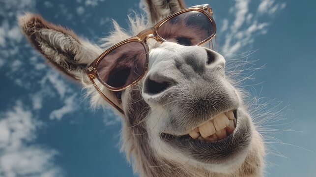 A funny, happy donkey wearing stylish brown sunglasses is captured from a unique low-angle perspective, showing its wide cheerful smile.
