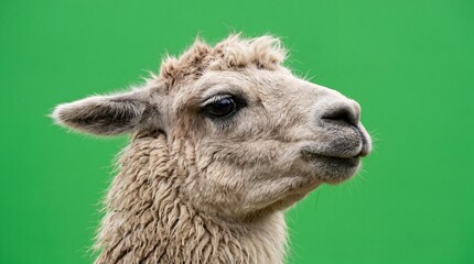 Fototapeta premium Portrait of a cute fluffy alpaca on a green screen background.