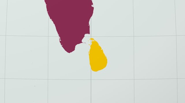 Sri Lanka map. Animated zoom into the country on the Globe in Pale Mint Dark Pink color palette. Country logo animation with round text and airplanes. Map with meridians, parallels. Awesome video.