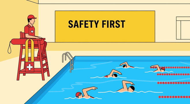 Pool Safety Supervision With Lifeguard And Swimmers