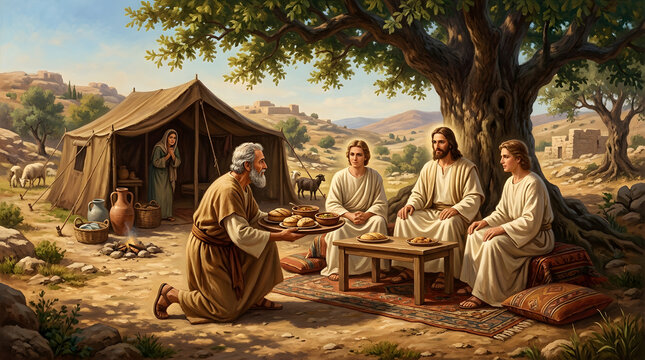 Biblical scene of abraham showing hospitality to three visitors under a tree with a tent and mountains in the background landscape