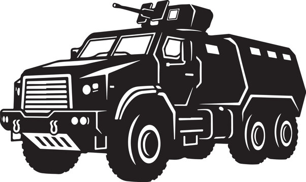 Military truck, armored vehicle, black illustration, vector graphics, transportation, army, warfare