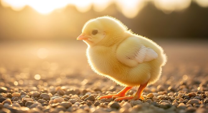 Fluffy yellow chick illuminated by golden sunlight on pebbled ground, soft focus