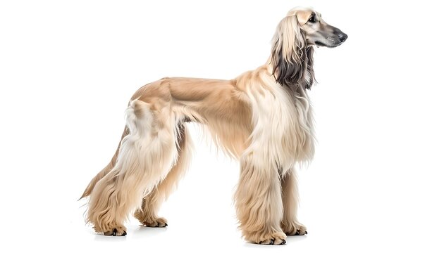 A side-profile studio shot shows a light tan-colored, elegant canine with a long, flowing coat, erect posture, and a slender build, facing right