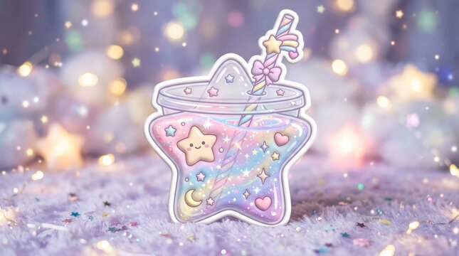 Puffy sticker-style star drink with pastel liquid, sparkling highlights, whimsical cup details, soft magical dreamcore mood, ultra-realistic, no logos.