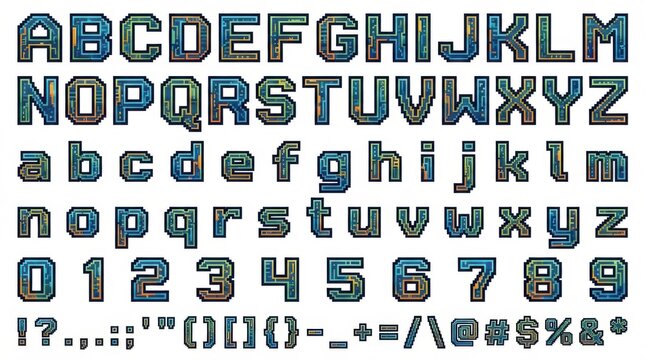 font alphabet in pixel geometric style from a to z numbers punctuation isolated on white background