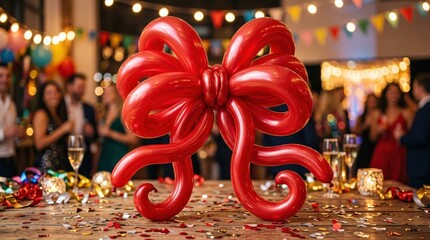 Fototapeta premium A balloon-art style red ribbon with inflated curves, glossy highlights and festive sculptural charm in a vivid celebratory layout, ultra-realistic, no logos.