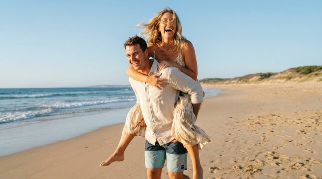 Couple enjoying a playful piggyback ride on a sunny beach, laughter, windblown hair, carefree romantic summer atmosphere, ultra-realistic, no logos.