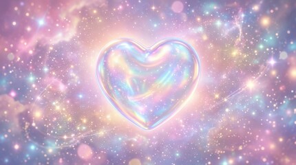 Obraz premium A dreamy holographic heart floating in pastel pink space, glossy rounded form, pearlescent glow, soft magical atmosphere, ultra-realistic, no logos.