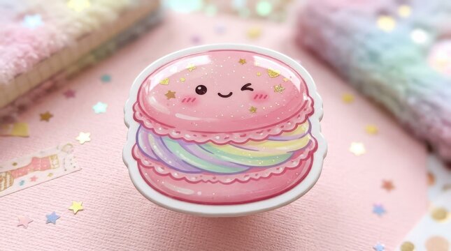 A puffy sticker-style yumekawaii macaron, glossy shell texture, pastel filling, sweet charming atmosphere, ultra-realistic, no logos.