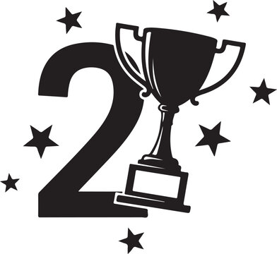 Second place trophy, winner award icon, black vector graphic, star decoration, achievement symbol