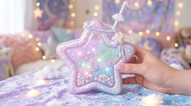 Puffy sticker-style star drink with pastel liquid, sparkling highlights, whimsical cup details, soft magical dreamcore mood, ultra-realistic, no logos.