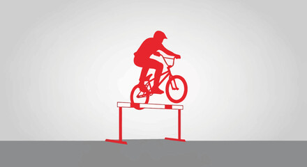 Naklejka premium Red Silhouette BMX Rider Performs Trick Over Obstacle On Grey Background