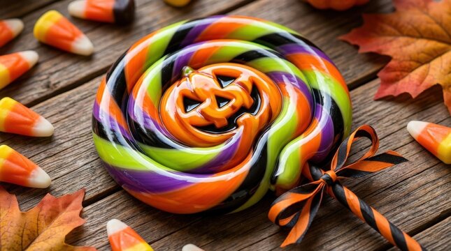 Cute glossy swirl lollipop icon with candy sheen, vibrant colors, playful Halloween treat mood, ultra-realistic, no logos.